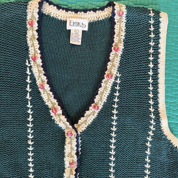 Vintage Erika Floral Embroidered Vest Women L Green Roses Cotton Cottagecore 90s - Picture 10 of 16
